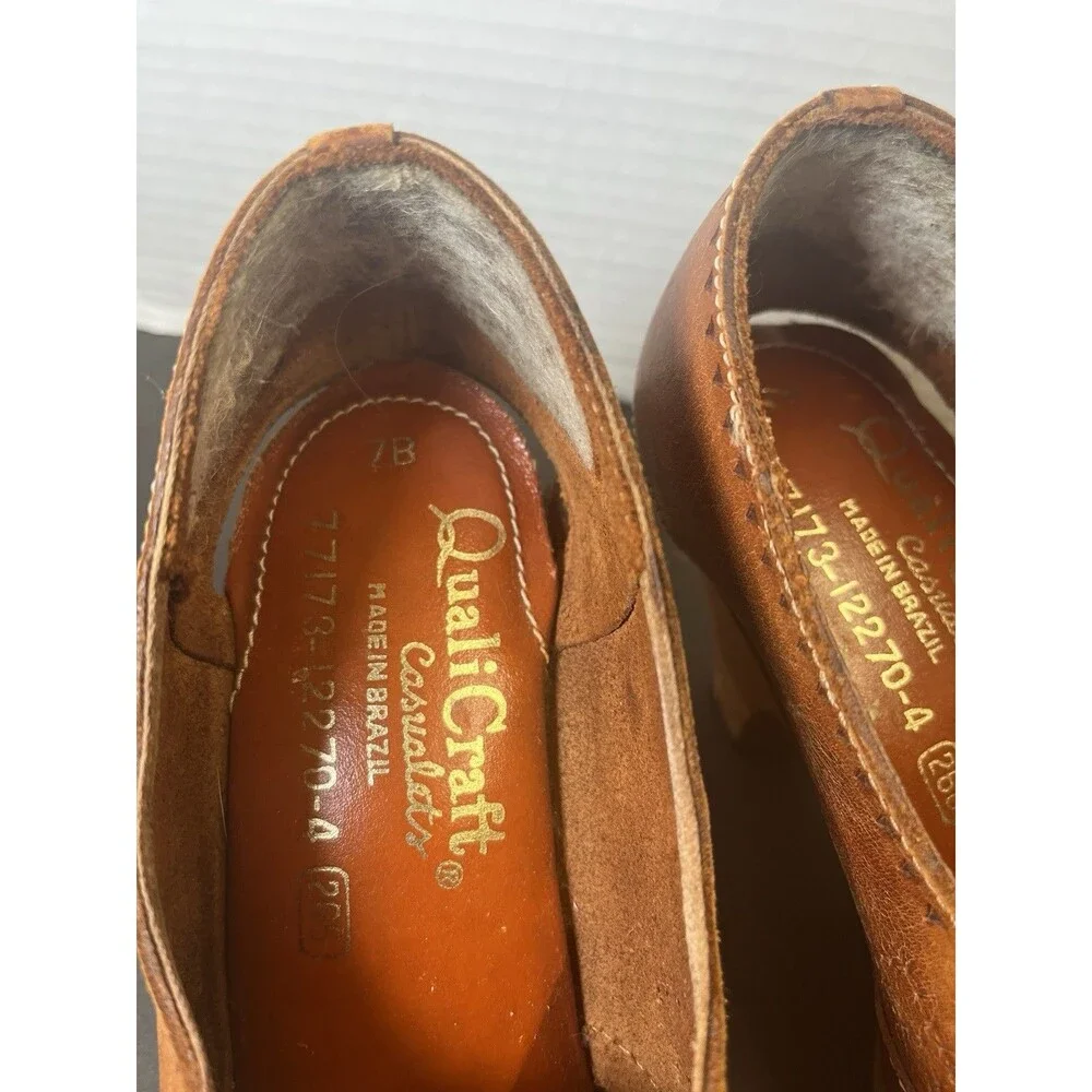 Vintage 70’s Quali Craft Casualettes Shoes Wing Tip Leather Brazil Wood Heels 7b